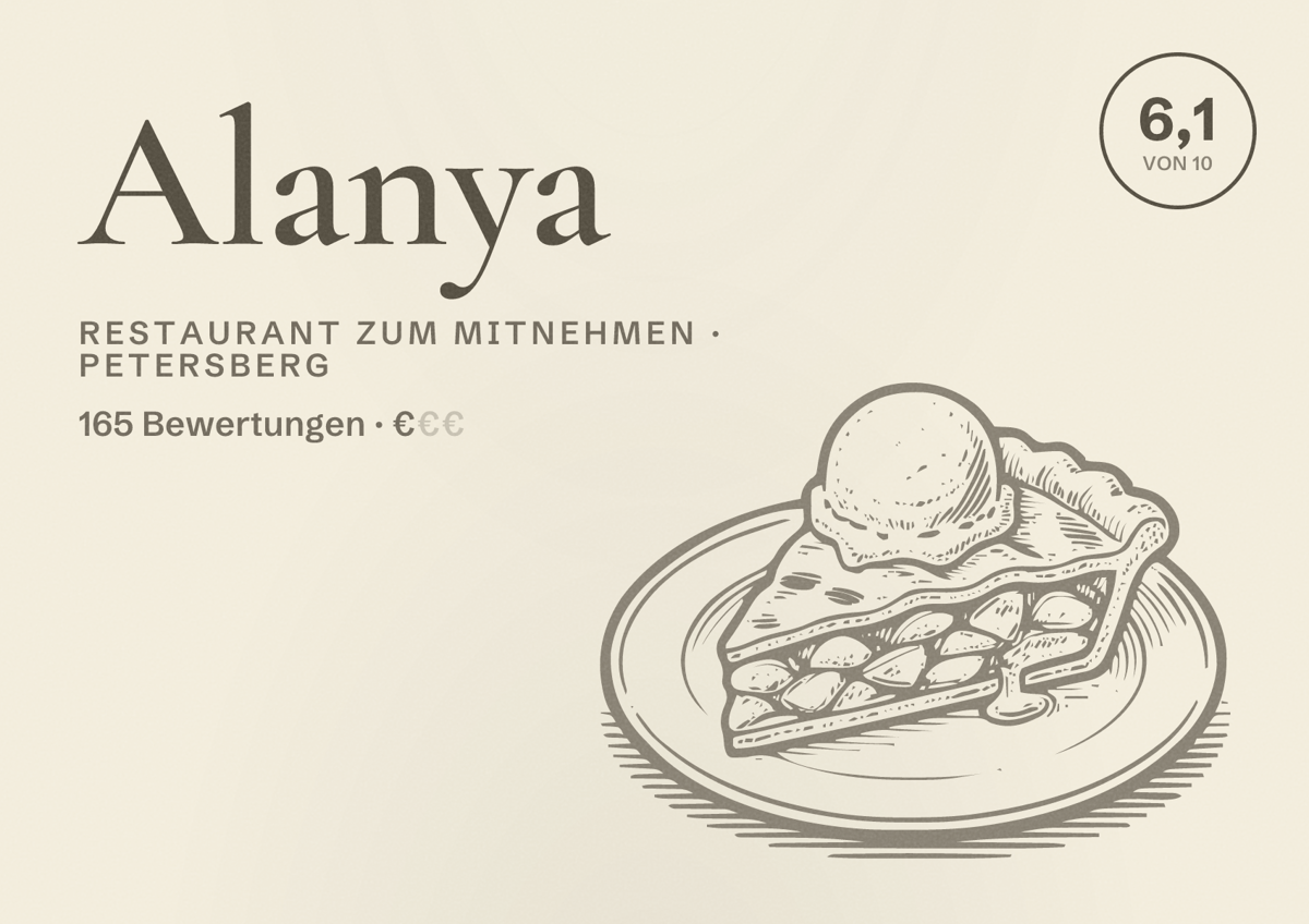 Illustriertes Poster von Alanya, Restaurant zum Mitnehmen in Petersberg: Bewertung 6,1 von 10 aus 165 Bewertungen, Preisniveau €
