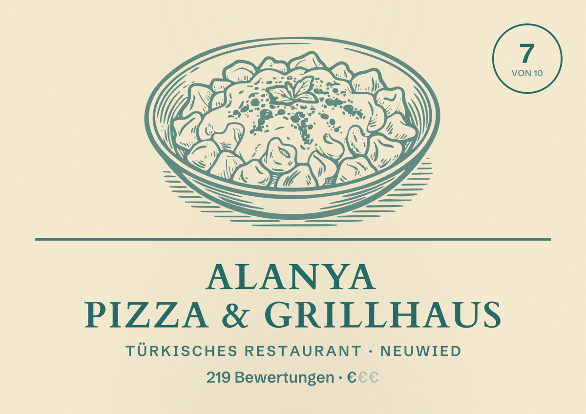 Illustriertes Poster von Alanya Pizza & Grillhaus, Türkisches Restaurant in Neuwied: Bewertung 7 von 10 aus 219 Bewertungen, Preisniveau €