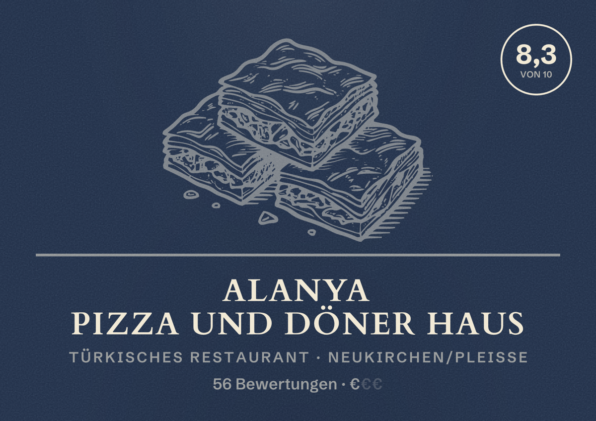 Illustriertes Poster von Alanya Pizza und Döner Haus, Türkisches Restaurant in Neukirchen/Pleiße: Bewertung 8,3 von 10 aus 56 Bewertungen, Preisniveau €