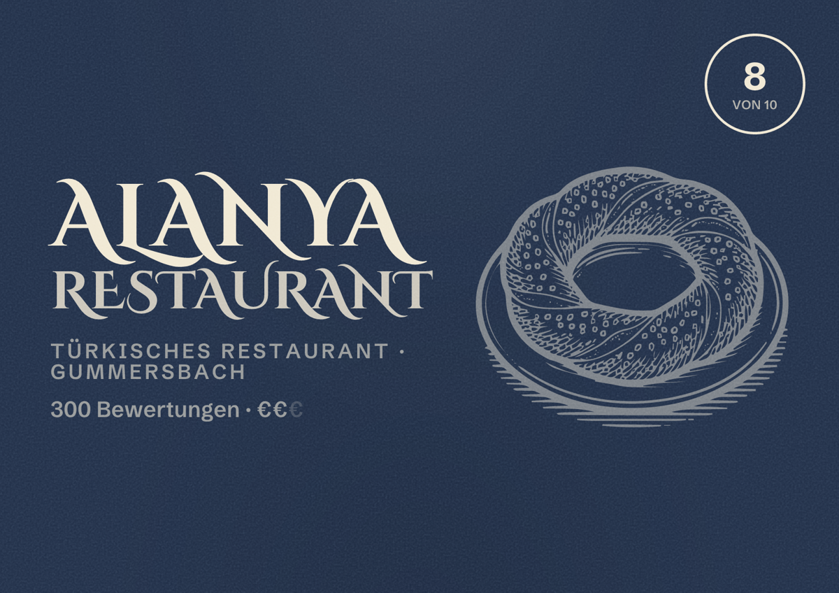 Illustriertes Poster von Alanya Restaurant, Türkisches Restaurant in Gummersbach: Bewertung 8 von 10 aus 300 Bewertungen, Preisniveau €€