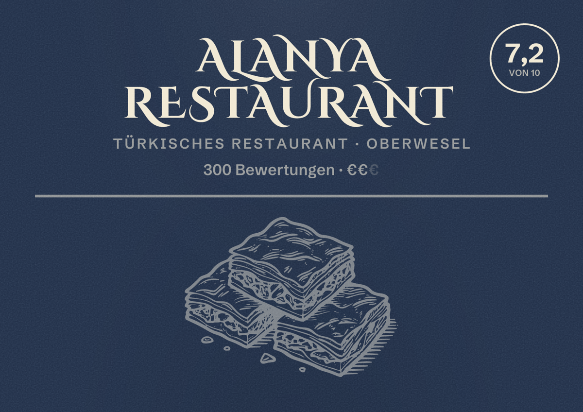 Illustriertes Poster von Alanya Restaurant, Türkisches Restaurant in Oberwesel: Bewertung 7,2 von 10 aus 300 Bewertungen, Preisniveau €€