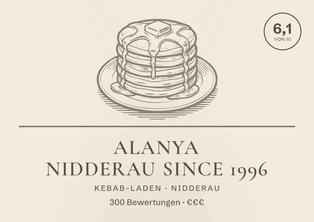 Illustriertes Poster von Alanya Nidderau since 1996, Kebab-Laden in Nidderau: Bewertung 6,1 von 10 aus 300 Bewertungen, Preisniveau €€€