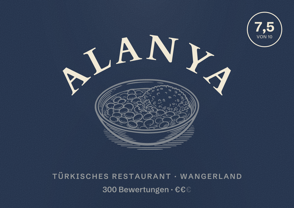 Illustriertes Poster von Alanya, Türkisches Restaurant in Wangerland: Bewertung 7,5 von 10 aus 300 Bewertungen, Preisniveau €€