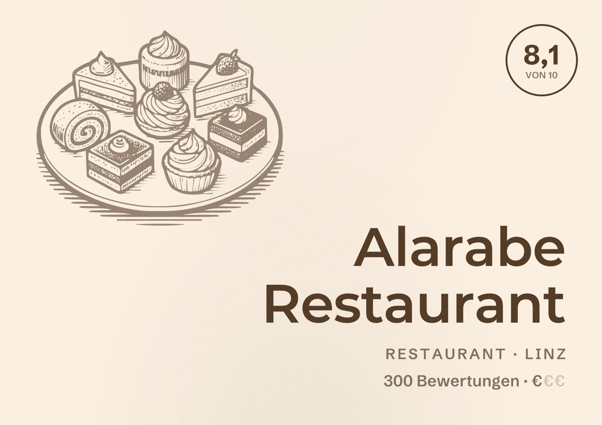 Illustriertes Poster von Alarabe Restaurant, Restaurant in Linz: Bewertung 8,1 von 10 aus 300 Bewertungen, Preisniveau €