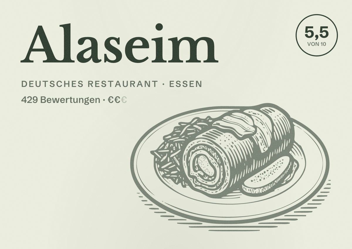 Illustriertes Poster von Alaseim, Deutsches Restaurant in Essen: Gästebewertung 5,5 von 10 aus 429 Bewertungen