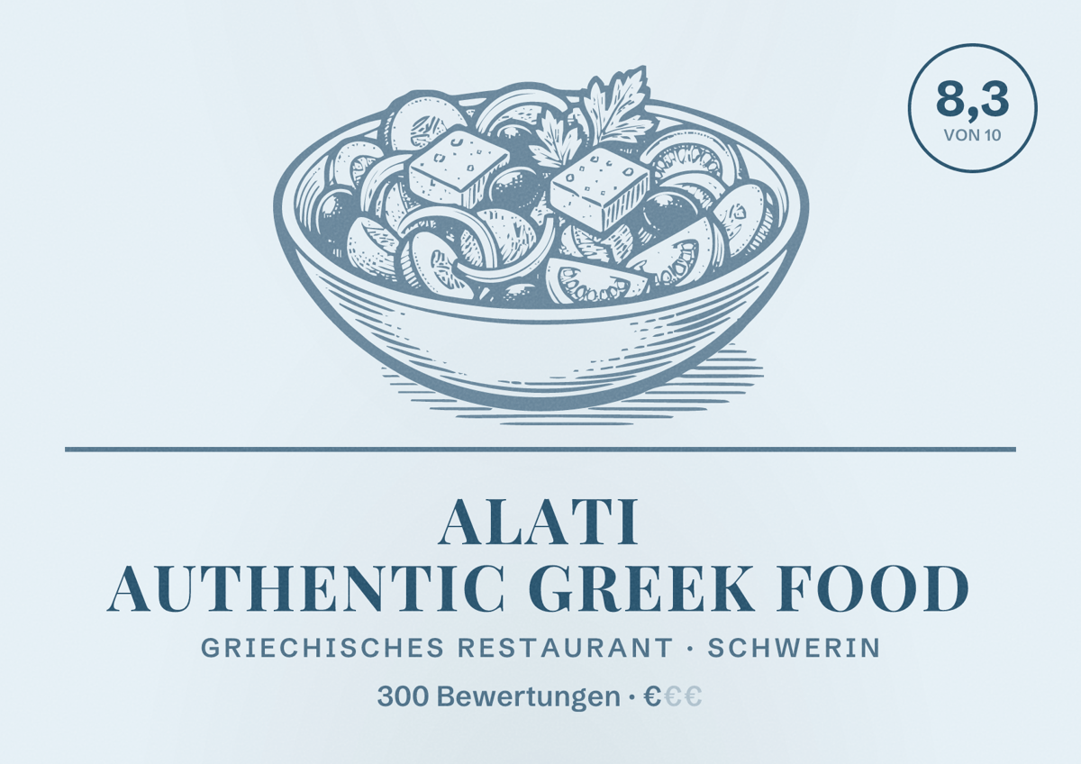 Illustriertes Poster von Alati authentic greek food, Griechisches Restaurant in Schwerin: Bewertung 8,3 von 10 aus 300 Bewertungen, Preisniveau €