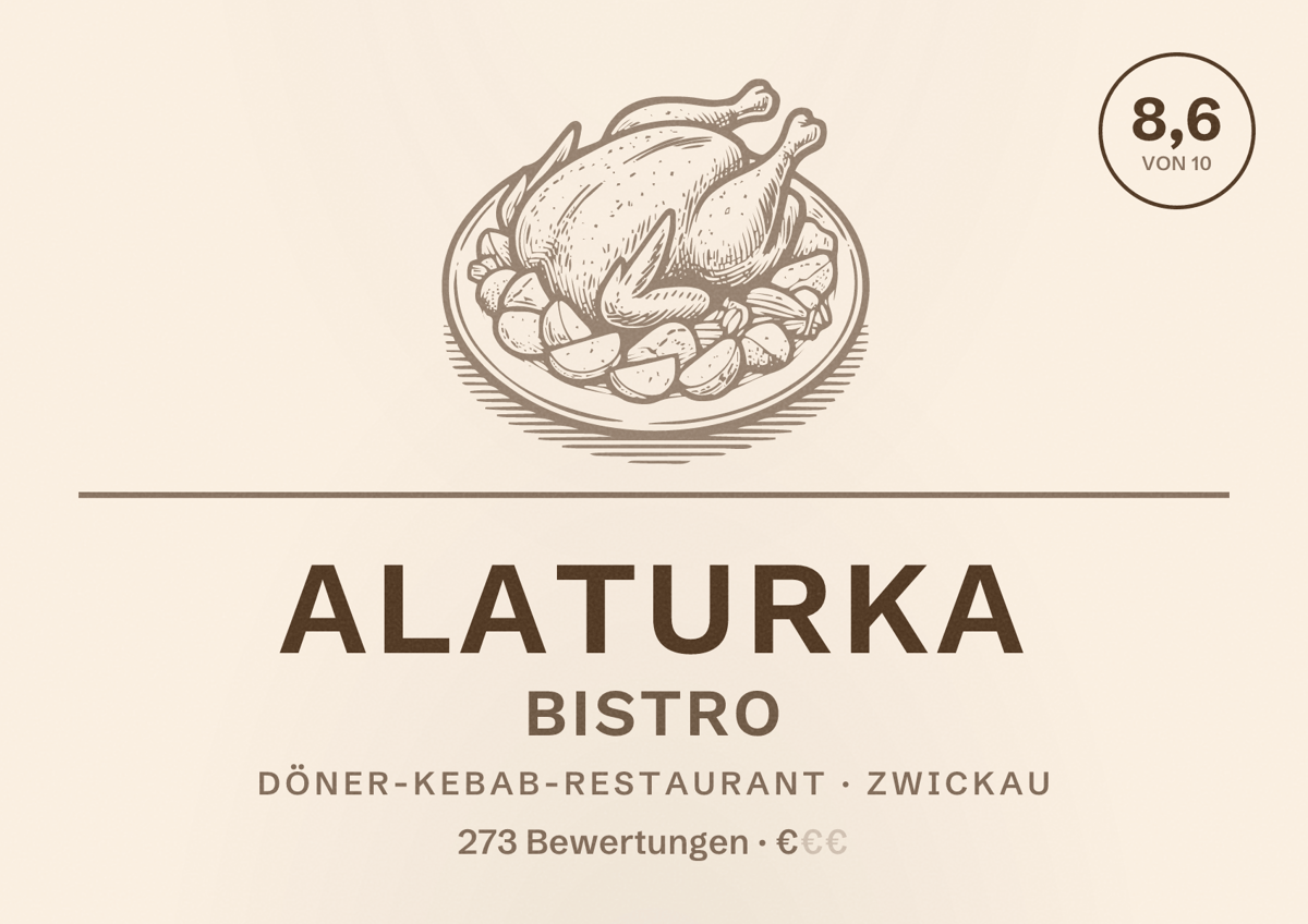 Illustriertes Poster von Alaturka Bistro, Döner-Kebab-Restaurant in Zwickau: Bewertung 8,6 von 10 aus 273 Bewertungen, Preisniveau €