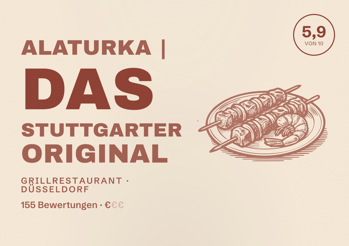 Illustriertes Poster von Alaturka | Das Stuttgarter Original, Grillrestaurant in Düsseldorf: Bewertung 5,9 von 10 aus 155 Bewertungen, Preisniveau €