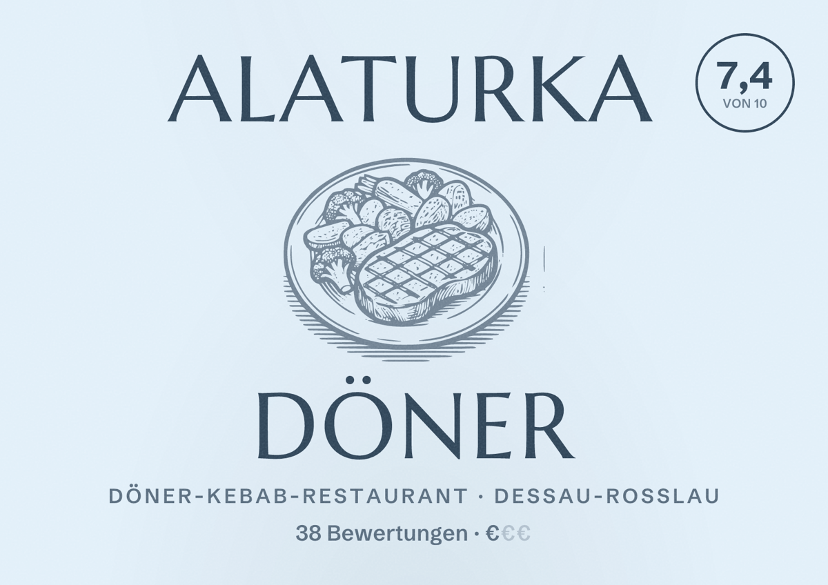 Illustriertes Poster von Alaturka Döner, Döner-Kebab-Restaurant in Dessau-Roßlau: Bewertung 7,4 von 10 aus 38 Bewertungen, Preisniveau €