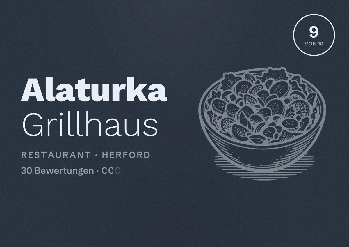 Illustriertes Poster von Alaturka Grillhaus, Restaurant in Herford: Bewertung 9 von 10 aus 30 Bewertungen, Preisniveau €€