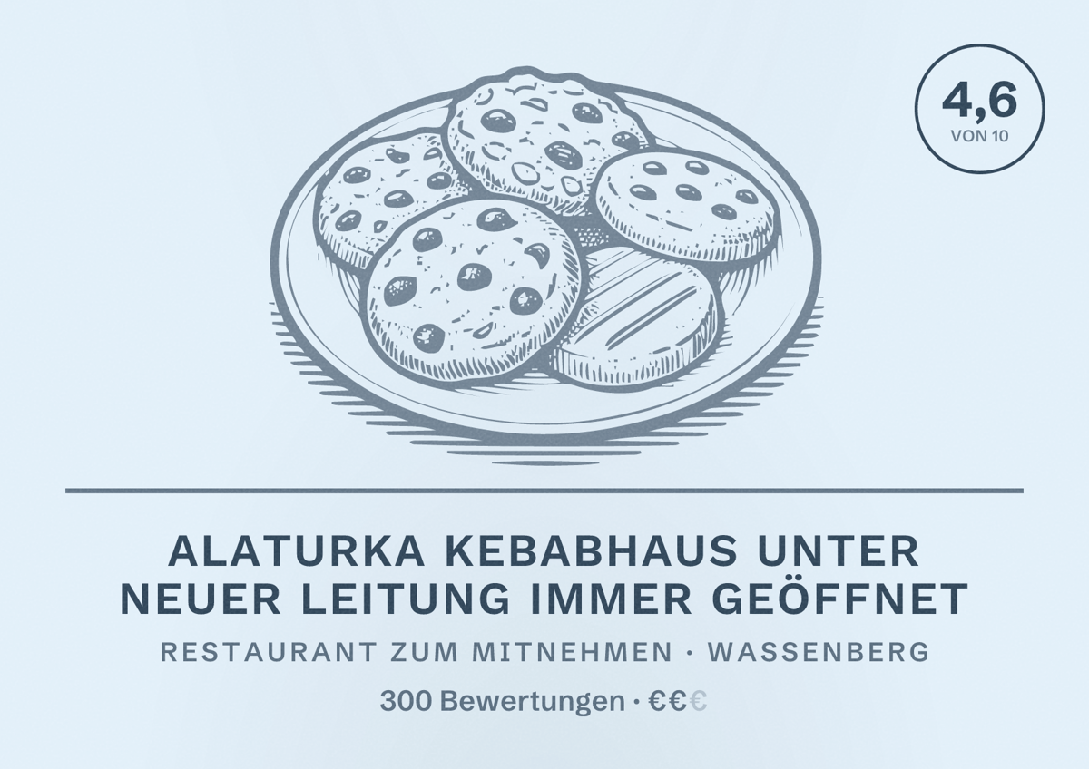Illustriertes Poster von Alaturka Kebabhaus unter neuer leitung immer Geöffnet, Restaurant zum Mitnehmen in Wassenberg: Bewertung 4,6 von 10 aus 300 Bewertungen, Preisniveau €€