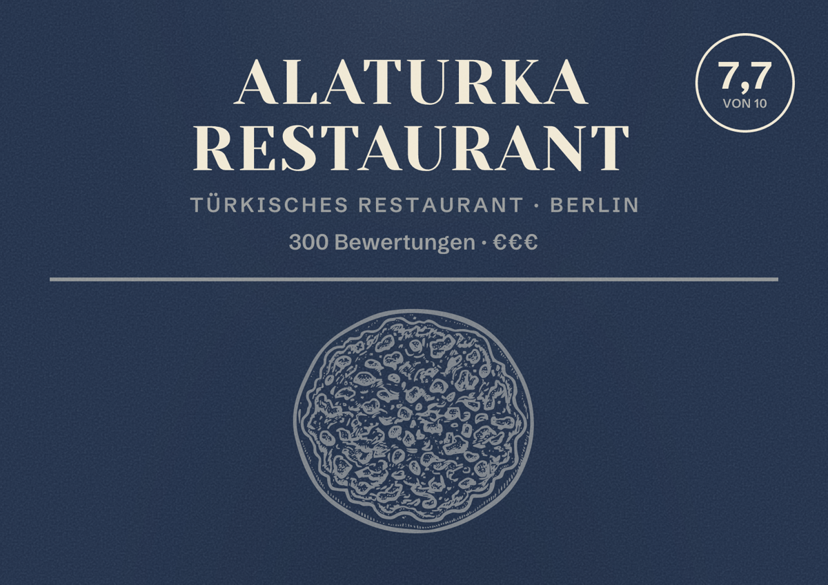Illustriertes Poster von Alaturka Restaurant, Türkisches Restaurant in Berlin: Bewertung 7,7 von 10 aus 300 Bewertungen, Preisniveau €€€