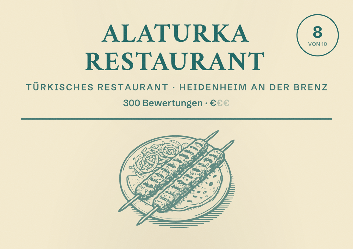Illustriertes Poster von Alaturka Restaurant, Türkisches Restaurant in Heidenheim an der Brenz: Bewertung 8 von 10 aus 300 Bewertungen, Preisniveau €