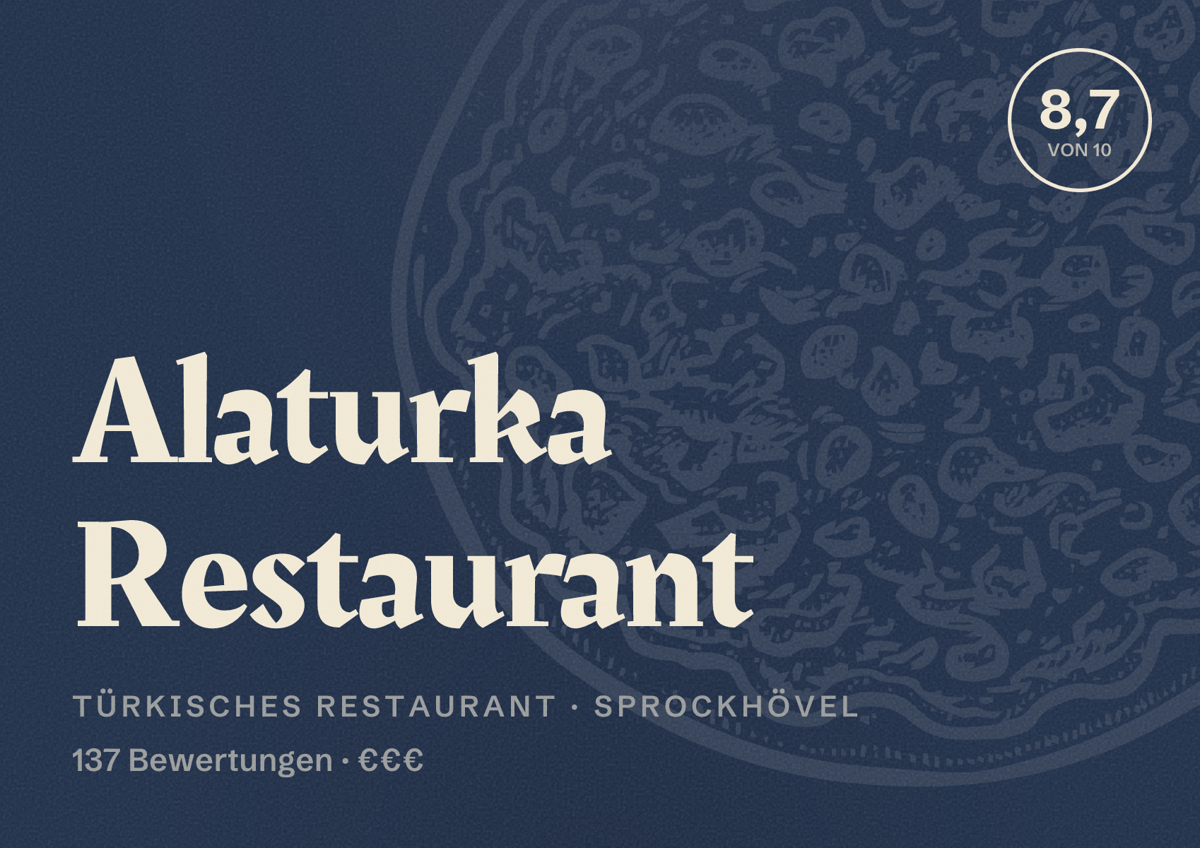 Illustriertes Poster von Alaturka Restaurant, Türkisches Restaurant in Sprockhövel: Bewertung 8,7 von 10 aus 137 Bewertungen, Preisniveau €€€