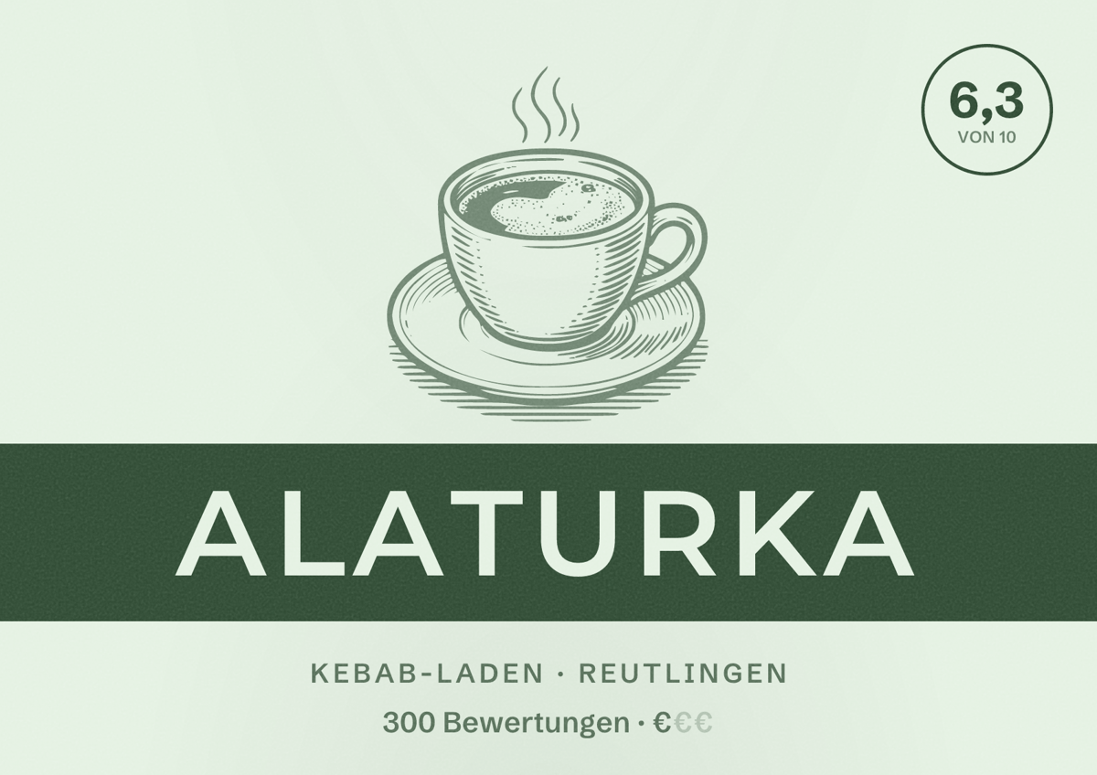 Illustriertes Poster von Alaturka, Kebab-Laden in Reutlingen: Bewertung 6,3 von 10 aus 300 Bewertungen, Preisniveau €