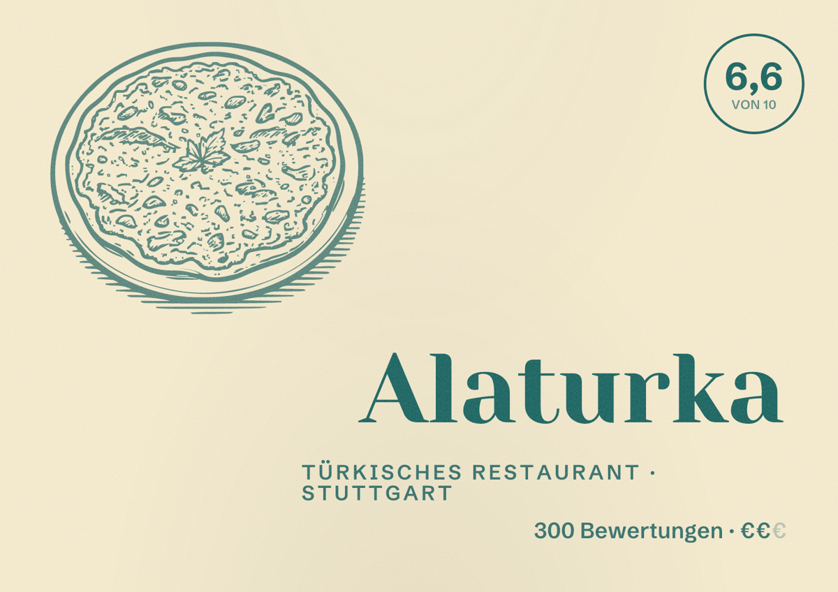 Illustriertes Poster von Alaturka, Türkisches Restaurant in Stuttgart: Bewertung 6,6 von 10 aus 300 Bewertungen, Preisniveau €€