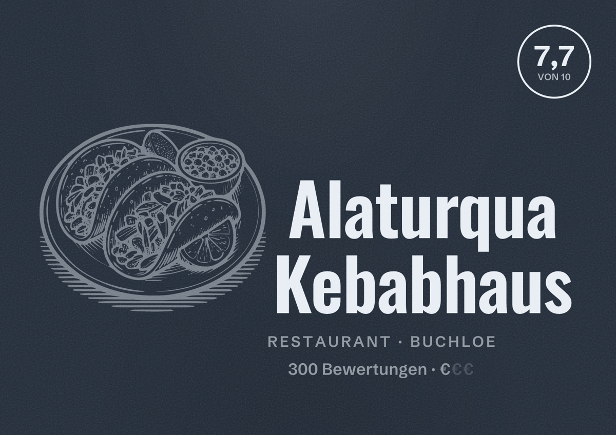 Illustriertes Poster von Alaturqua Kebabhaus, Restaurant in Buchloe: Bewertung 7,7 von 10 aus 300 Bewertungen, Preisniveau €
