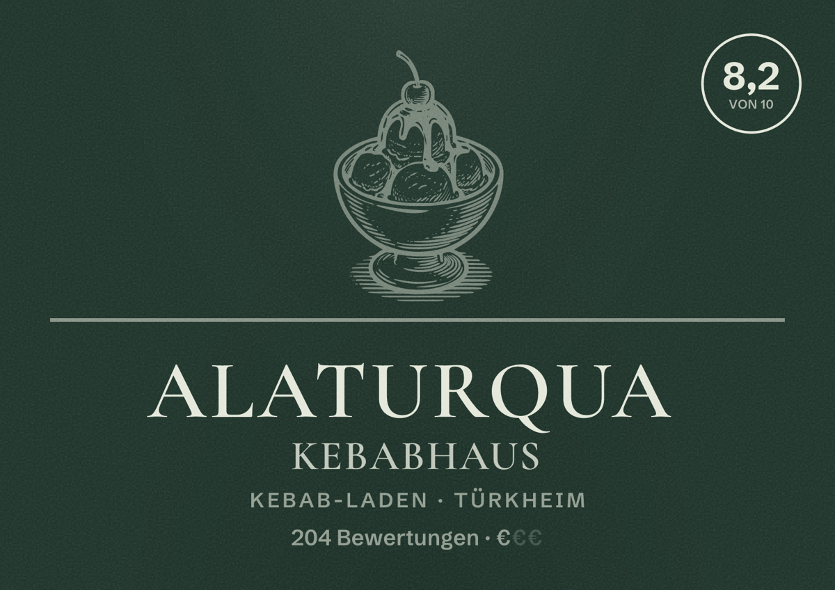 Illustriertes Poster von Alaturqua Kebabhaus, Kebab-Laden in Türkheim: Bewertung 8,2 von 10 aus 204 Bewertungen, Preisniveau €