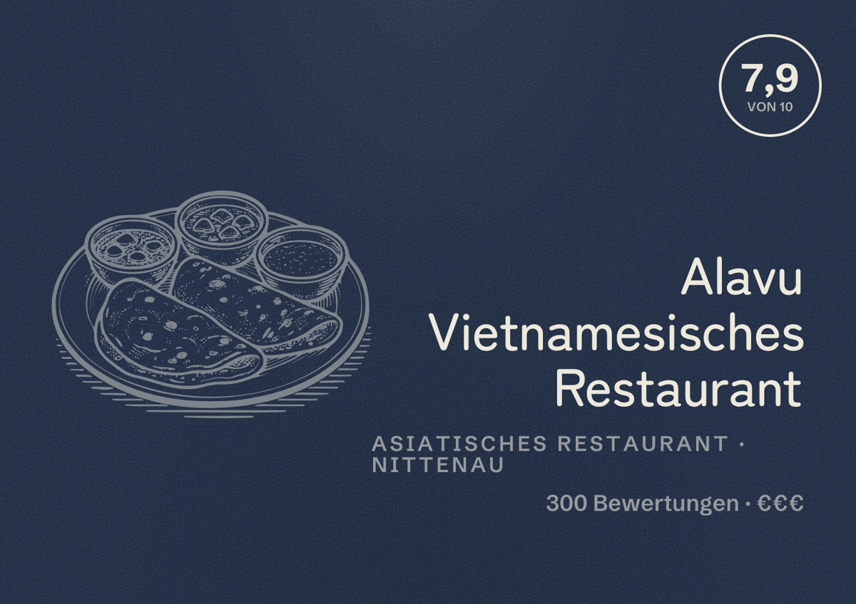 Illustriertes Poster von Alavu Vietnamesisches Restaurant, Asiatisches Restaurant in Nittenau: Bewertung 7,9 von 10 aus 300 Bewertungen, Preisniveau €€€