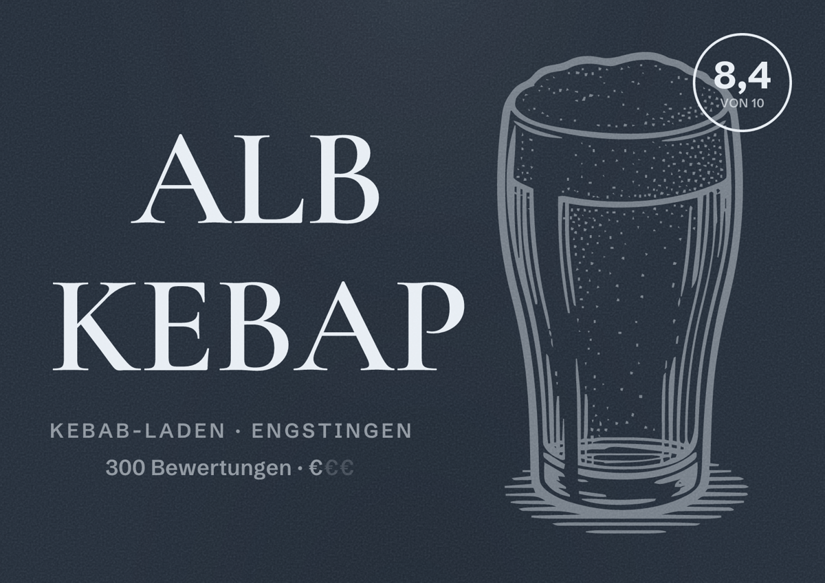 Illustriertes Poster von ALB KEBAP, Kebab-Laden in Engstingen: Bewertung 8,4 von 10 aus 300 Bewertungen, Preisniveau €