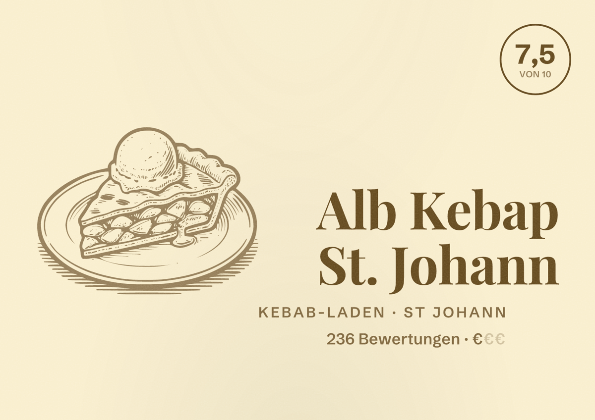 Illustriertes Poster von Alb Kebap St. Johann, Kebab-Laden in St Johann: Bewertung 7,5 von 10 aus 236 Bewertungen, Preisniveau €