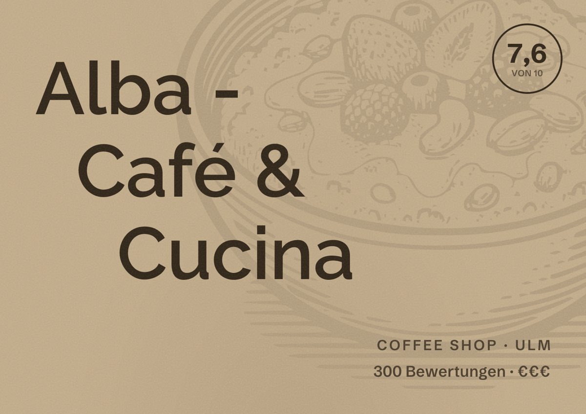 Illustriertes Poster von Alba - Café & Cucina, Coffee Shop in Ulm: Bewertung 7,6 von 10 aus 300 Bewertungen, Preisniveau €€€