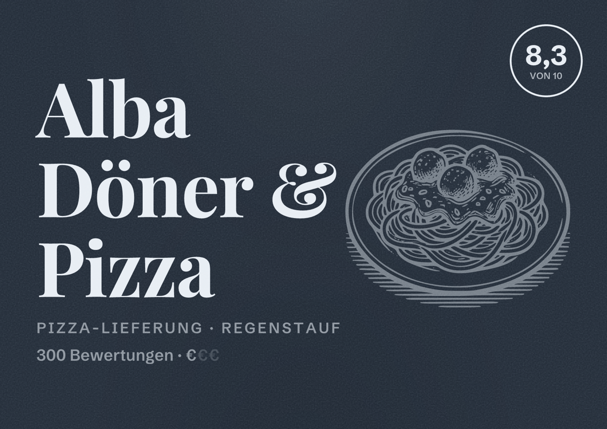 Illustriertes Poster von Alba Döner & Pizza, Pizza-Lieferung in Regenstauf: Bewertung 8,3 von 10 aus 300 Bewertungen, Preisniveau €