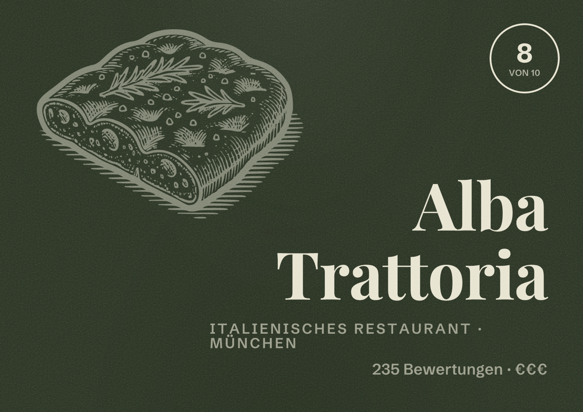 Illustriertes Poster von Alba Trattoria, Italienisches Restaurant in München: Bewertung 8,0 von 10 aus 235 Bewertungen, Preisniveau €€€