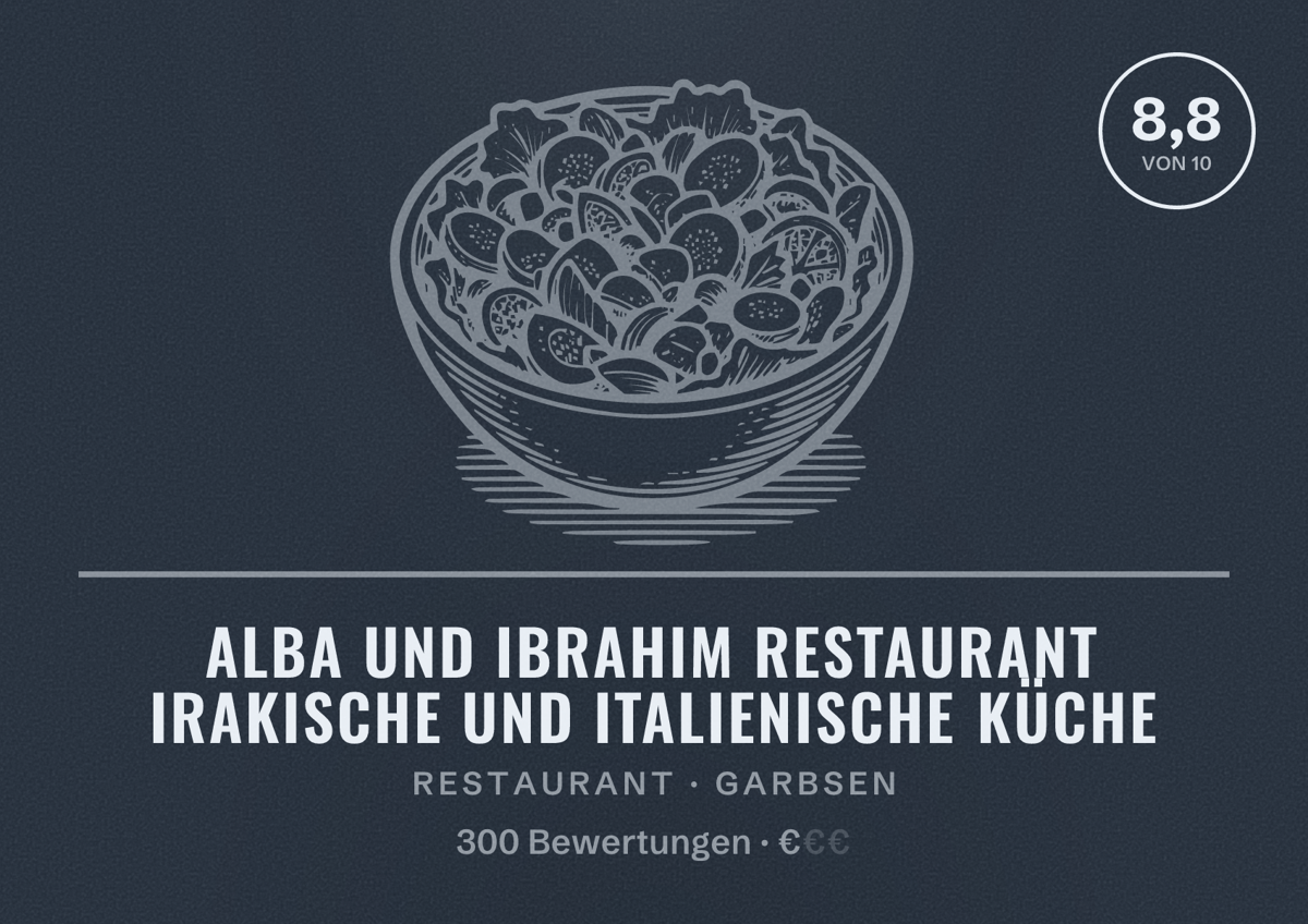 Illustriertes Poster von Alba und Ibrahim Restaurant irakische und italienische Küche, Restaurant in Garbsen: Bewertung 8,8 von 10 aus 300 Bewertungen, Preisniveau €