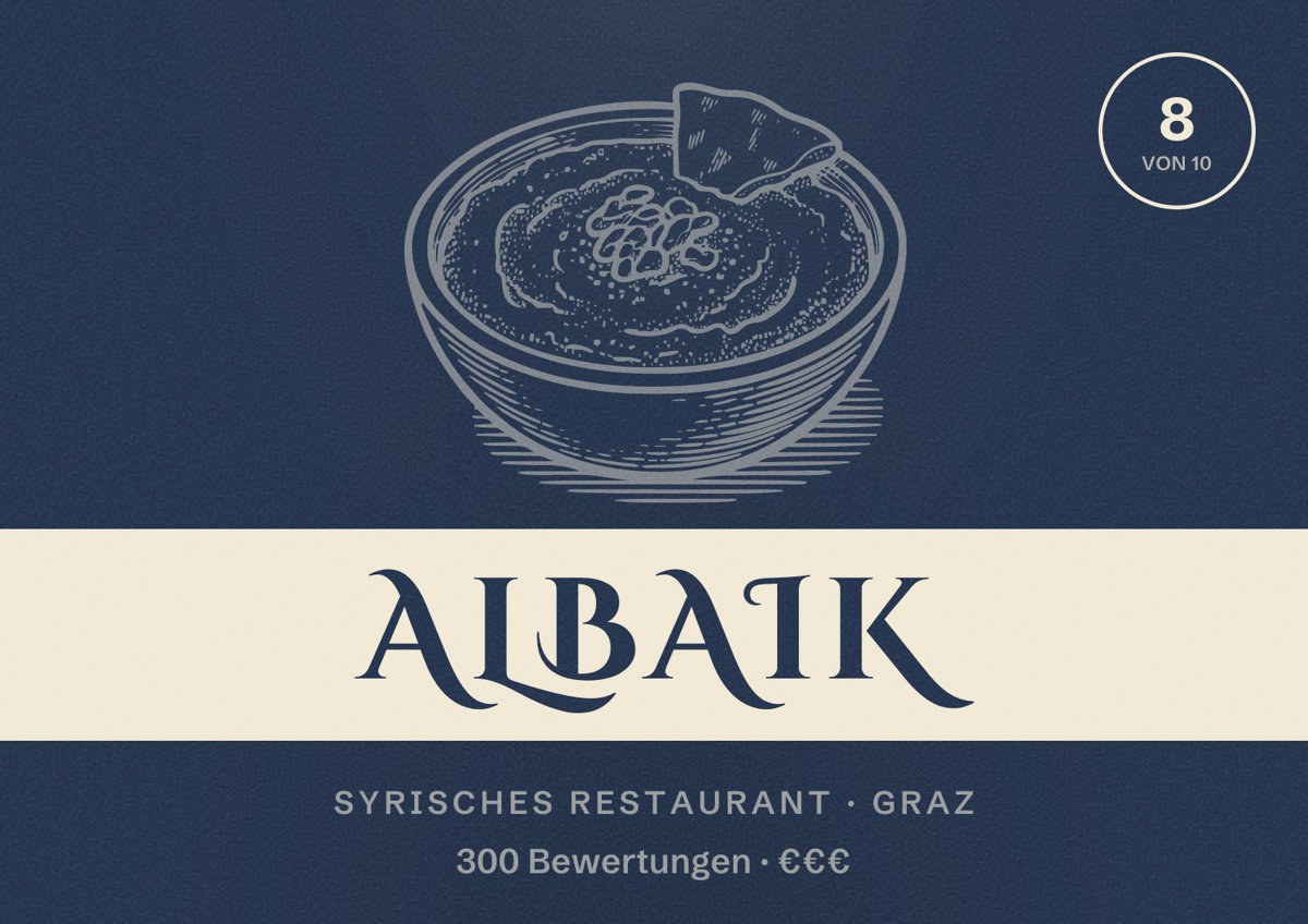 Illustriertes Poster von Albaik, Syrisches Restaurant in Graz: Bewertung 8 von 10 aus 300 Bewertungen, Preisniveau €€€