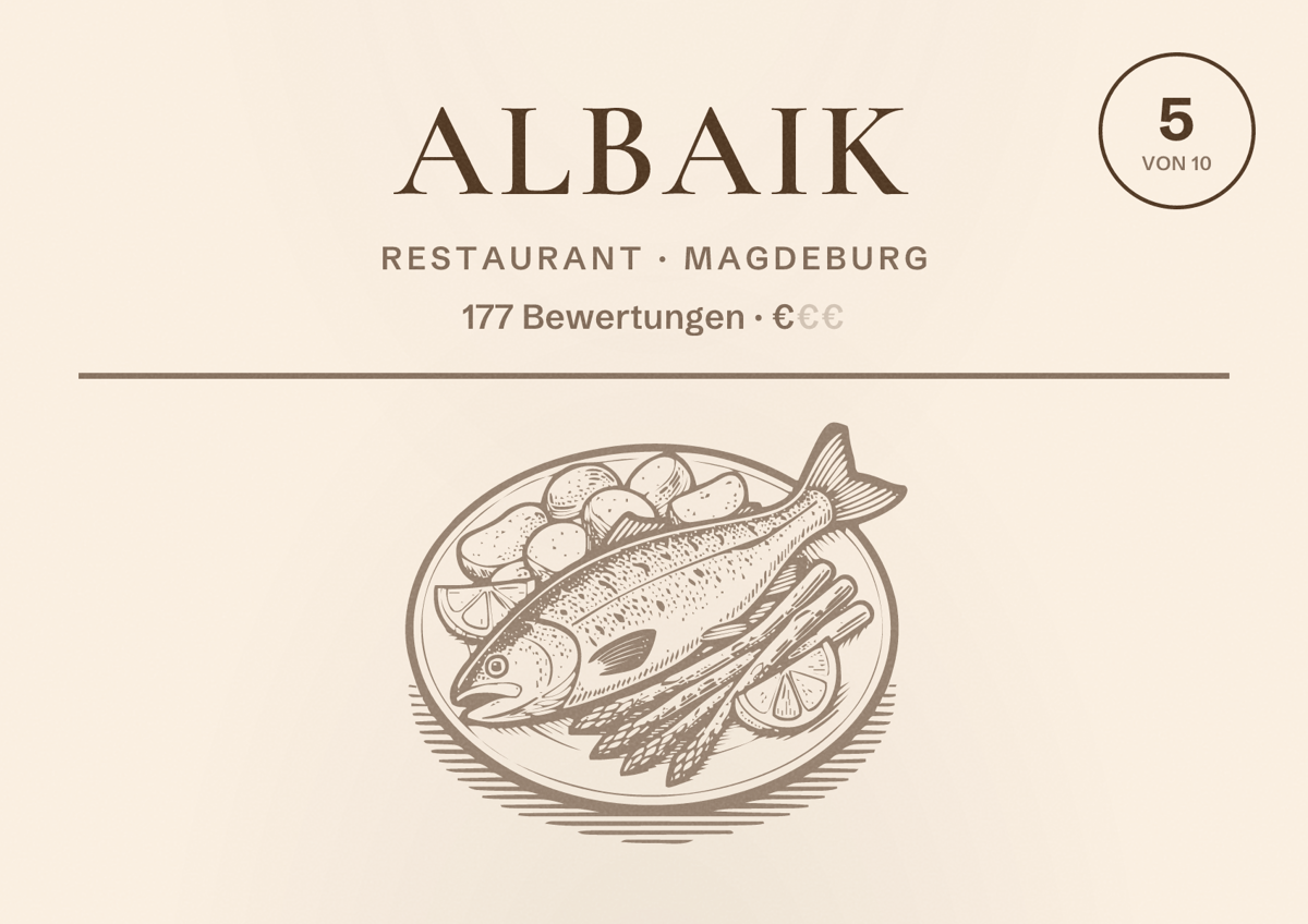 Illustriertes Poster von Albaik, Restaurant in Magdeburg: Bewertung 5 von 10 aus 177 Bewertungen, Preisniveau €