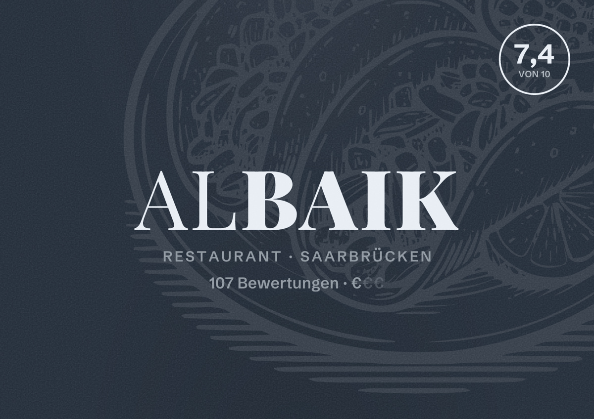 Illustriertes Poster von AlBaik, Restaurant in Saarbrücken: Bewertung 7,4 von 10 aus 107 Bewertungen, Preisniveau €