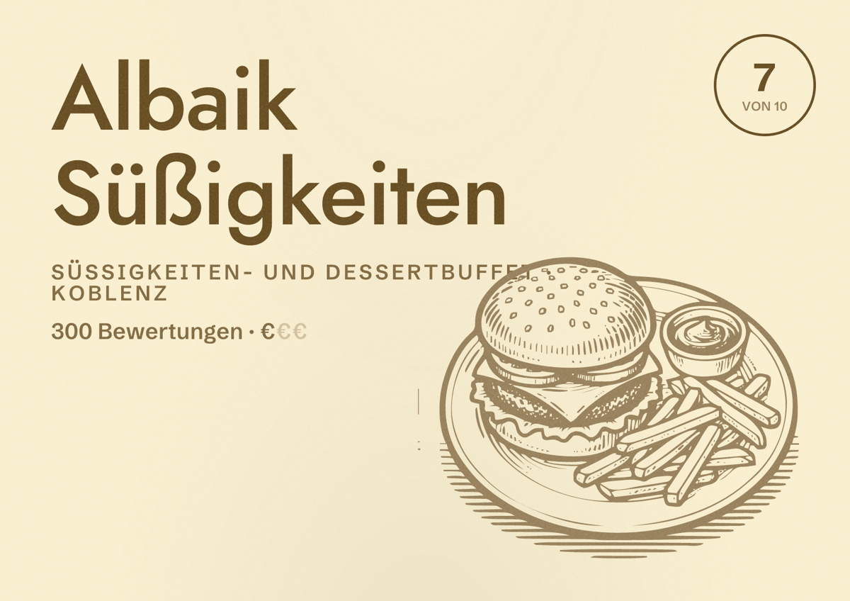 Illustriertes Poster von Albaik Süßigkeiten, Süßigkeiten- und Dessertbuffet in Koblenz: Bewertung 7 von 10 aus 300 Bewertungen, Preisniveau €