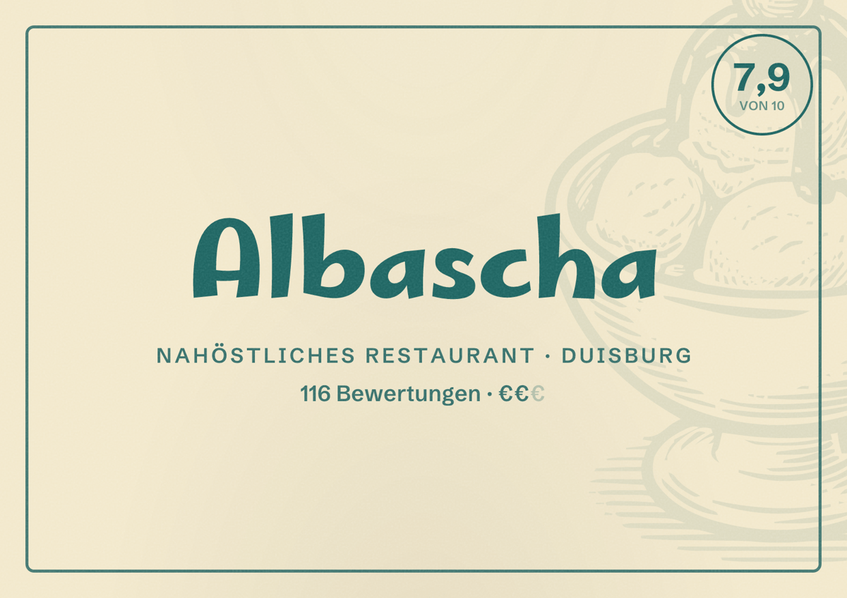Illustriertes Poster von Albascha, Nahöstliches Restaurant in Duisburg: Bewertung 7,9 von 10 aus 116 Bewertungen, Preisniveau €€
