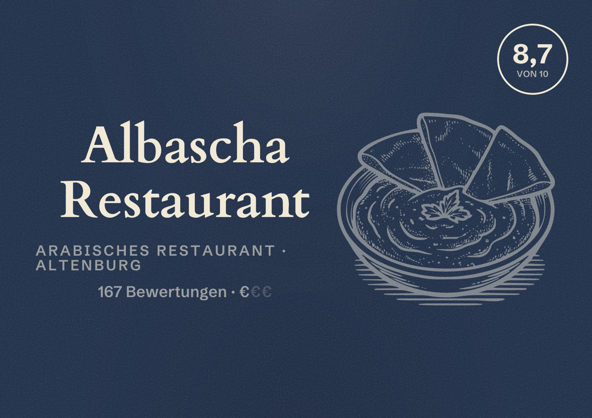 Illustriertes Poster von Albascha Restaurant, Arabisches Restaurant in Altenburg: Bewertung 8,7 von 10 aus 167 Bewertungen, Preisniveau €