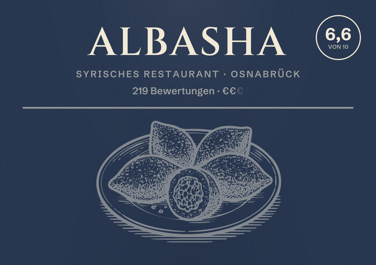 Illustriertes Poster von Albasha, Syrisches Restaurant in Osnabrück: Bewertung 6,6 von 10 aus 219 Bewertungen, Preisniveau €€