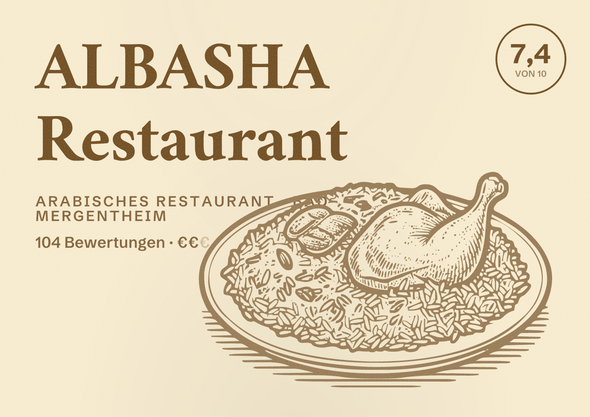 Illustriertes Poster von ALBASHA Restaurant, Arabisches Restaurant in Bad Mergentheim: Bewertung 7,4 von 10 aus 104 Bewertungen, Preisniveau €€
