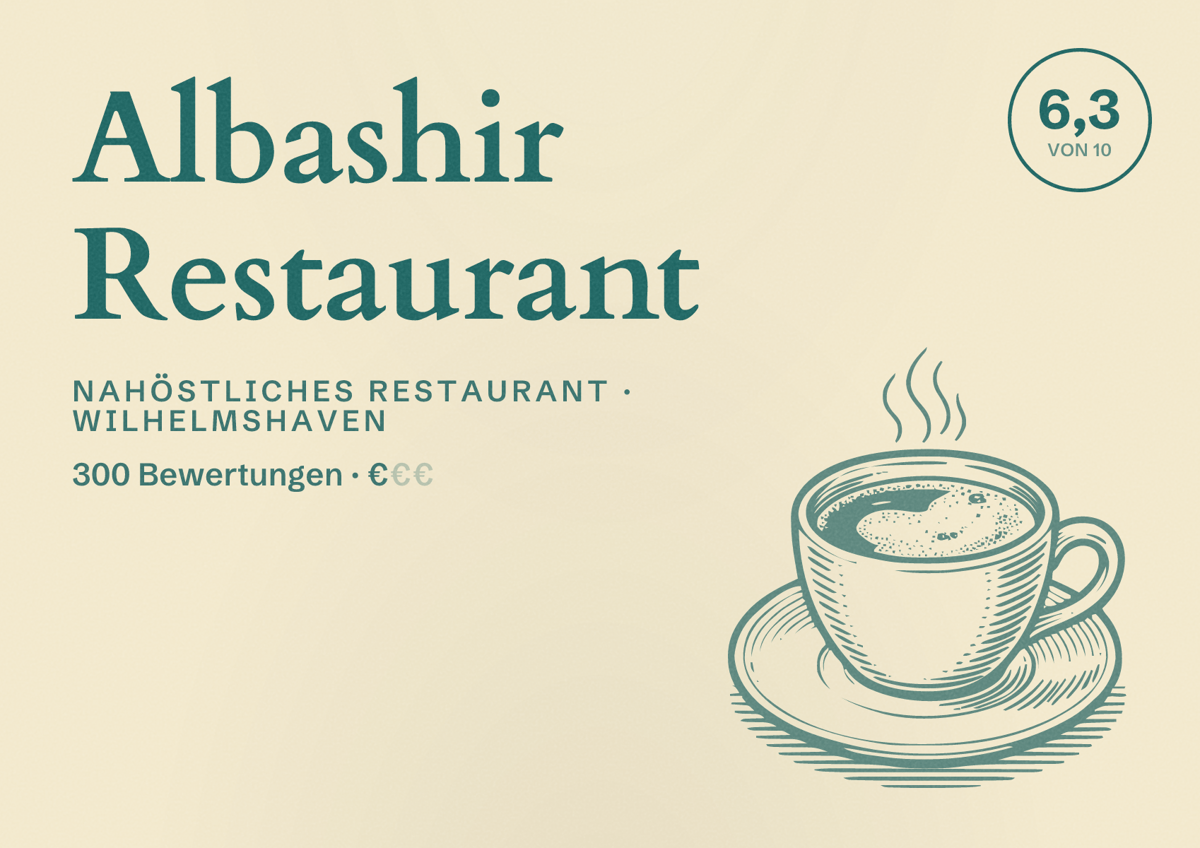 Illustriertes Poster von Albashir Restaurant, Nahöstliches Restaurant in Wilhelmshaven: Bewertung 6,3 von 10 aus 300 Bewertungen, Preisniveau €