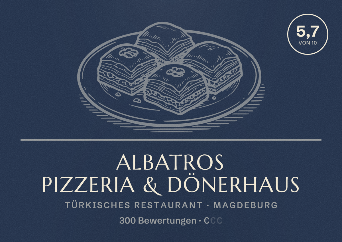 Illustriertes Poster von Albatros Pizzeria & Dönerhaus, Türkisches Restaurant in Magdeburg: Bewertung 5,7 von 10 aus 300 Bewertungen, Preisniveau €