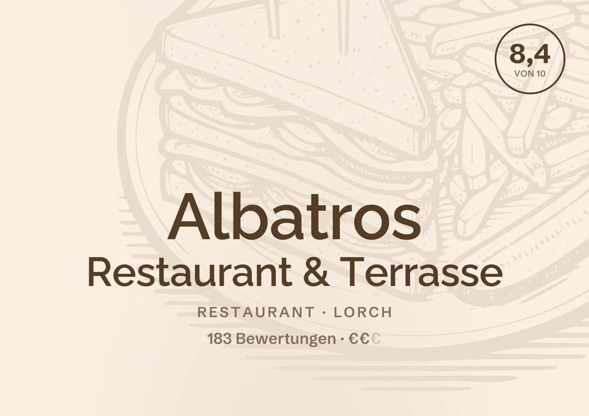 Illustriertes Poster von Albatros Restaurant & Terrasse, Restaurant in Lorch: Bewertung 8,4 von 10 aus 183 Bewertungen, Preisniveau €€