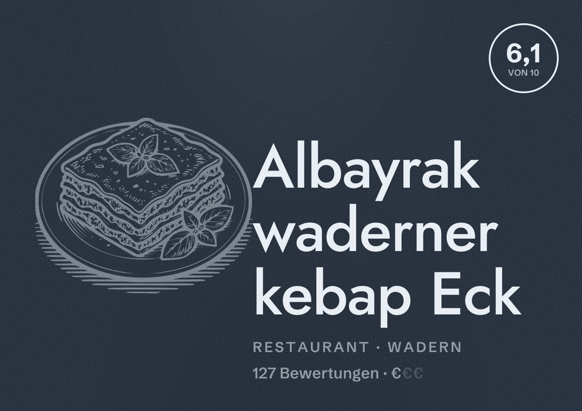 Illustriertes Poster von Albayrak waderner kebap Eck, Restaurant in Wadern: Bewertung 6,1 von 10 aus 127 Bewertungen, Preisniveau €