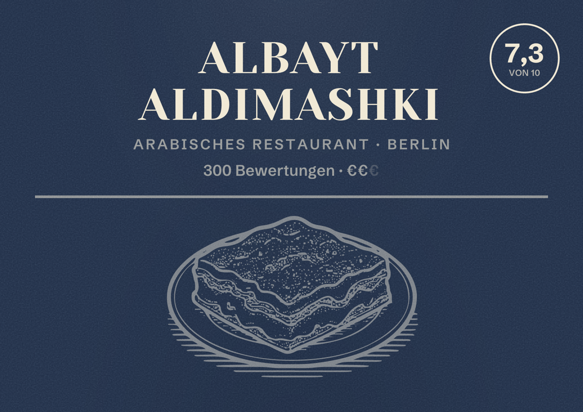 Illustriertes Poster von Albayt Aldimashki, Arabisches Restaurant in Berlin: Bewertung 7,3 von 10 aus 300 Bewertungen, Preisniveau €€