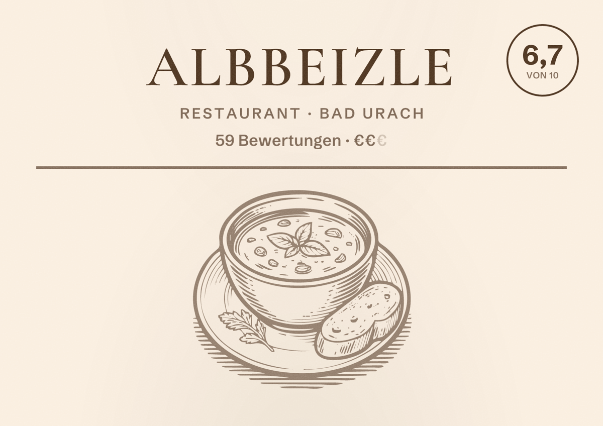 Illustriertes Poster von Albbeizle, Restaurant in Bad Urach: Bewertung 6,7 von 10 aus 59 Bewertungen, Preisniveau €€