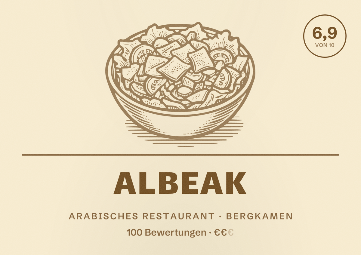 Illustriertes Poster von Albeak, Arabisches Restaurant in Bergkamen: Bewertung 6,9 von 10 aus 100 Bewertungen, Preisniveau €€