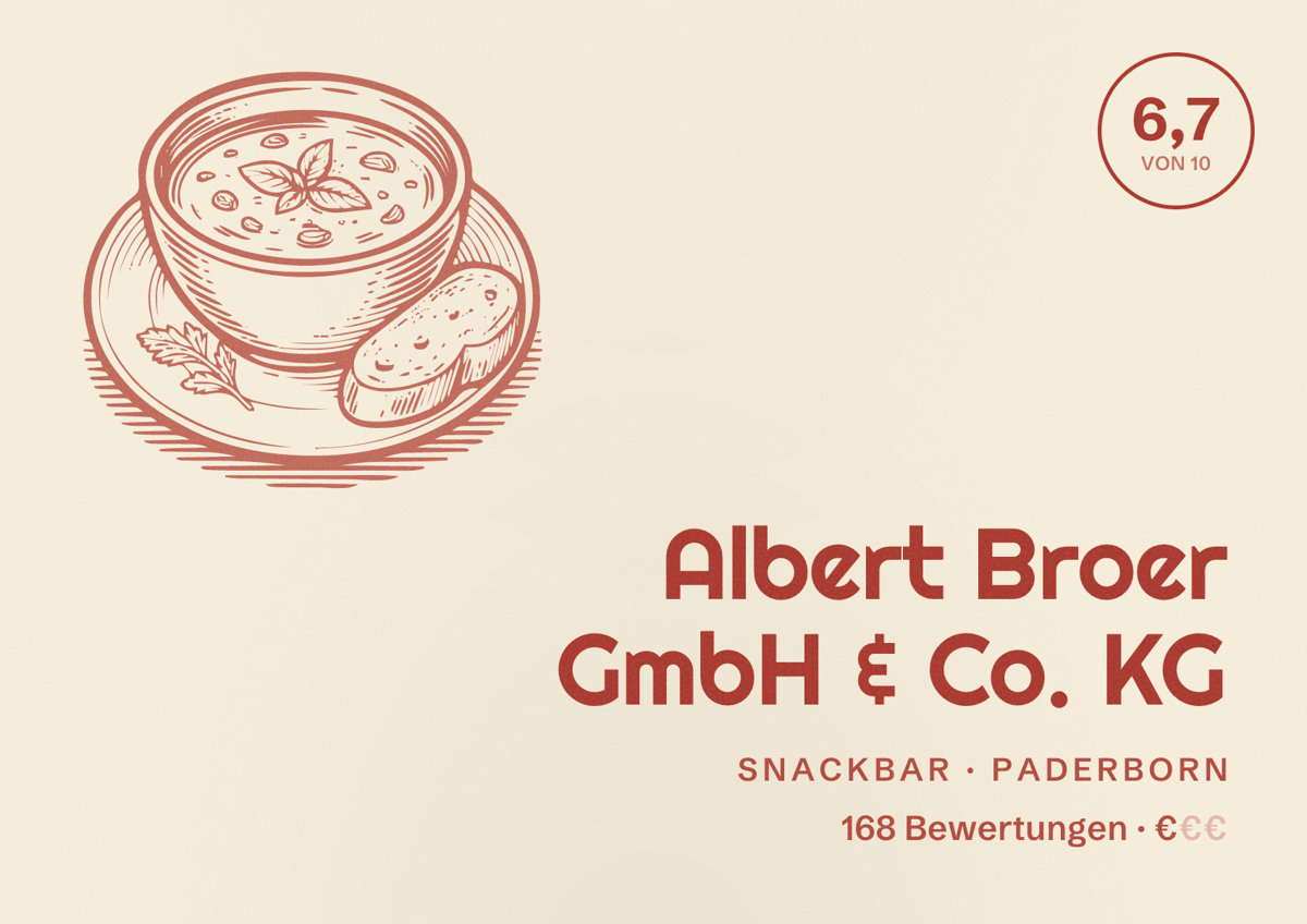 Illustriertes Poster von Albert Broer GmbH & Co. KG, Snackbar in Paderborn: Bewertung 6,7 von 10 aus 168 Bewertungen, Preisniveau €