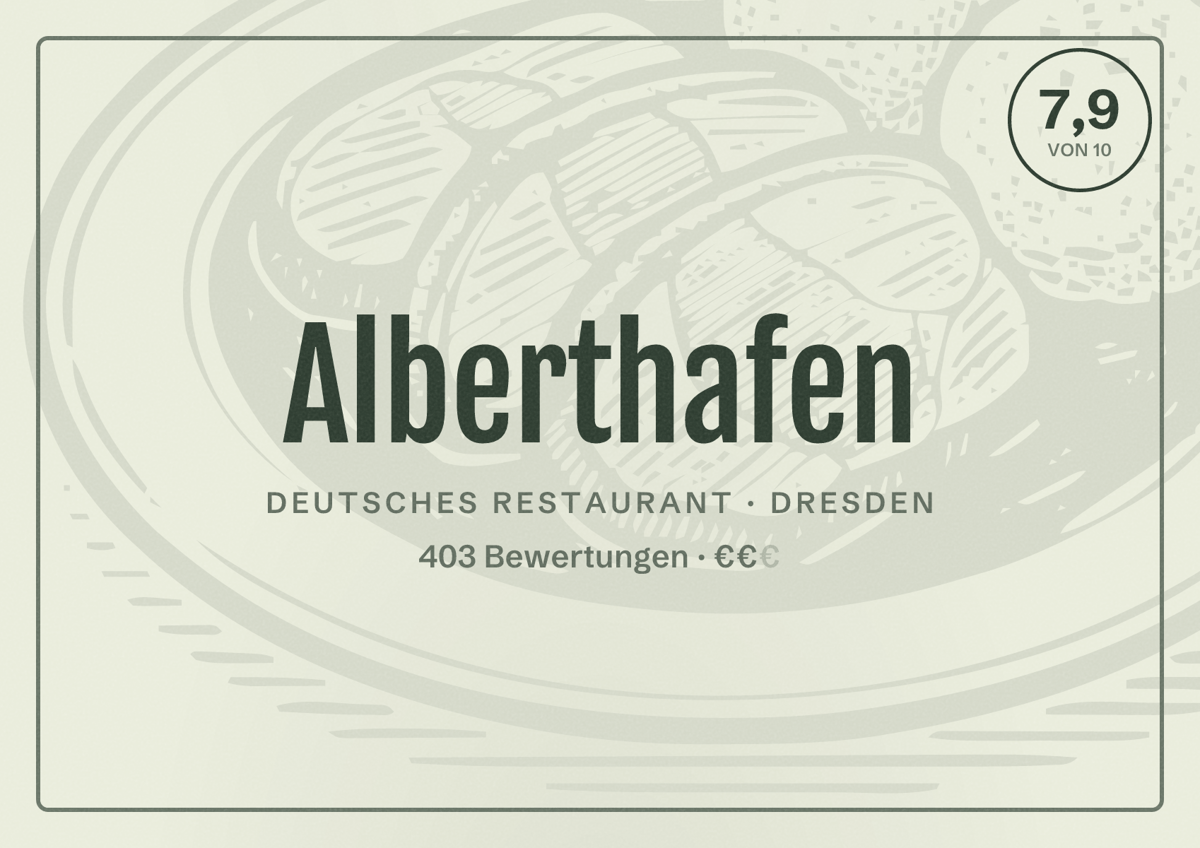 Illustriertes Poster von Alberthafen, Deutsches Restaurant in Dresden: Bewertung 7,9 von 10 aus 403 Bewertungen, Preisniveau €€