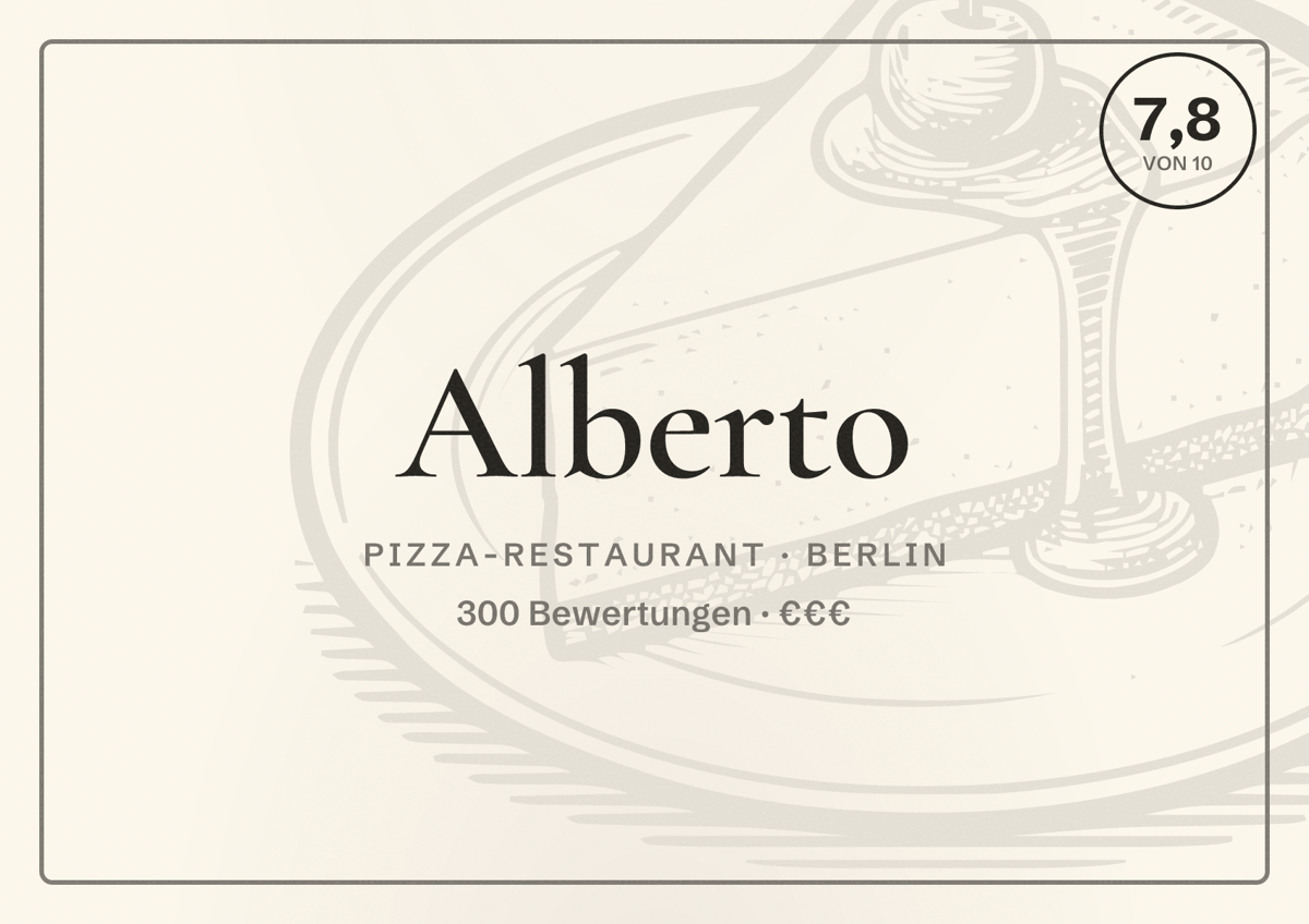 Illustriertes Poster von Alberto, Pizza-Restaurant in Berlin: Bewertung 7,8 von 10 aus 300 Bewertungen, Preisniveau €€€