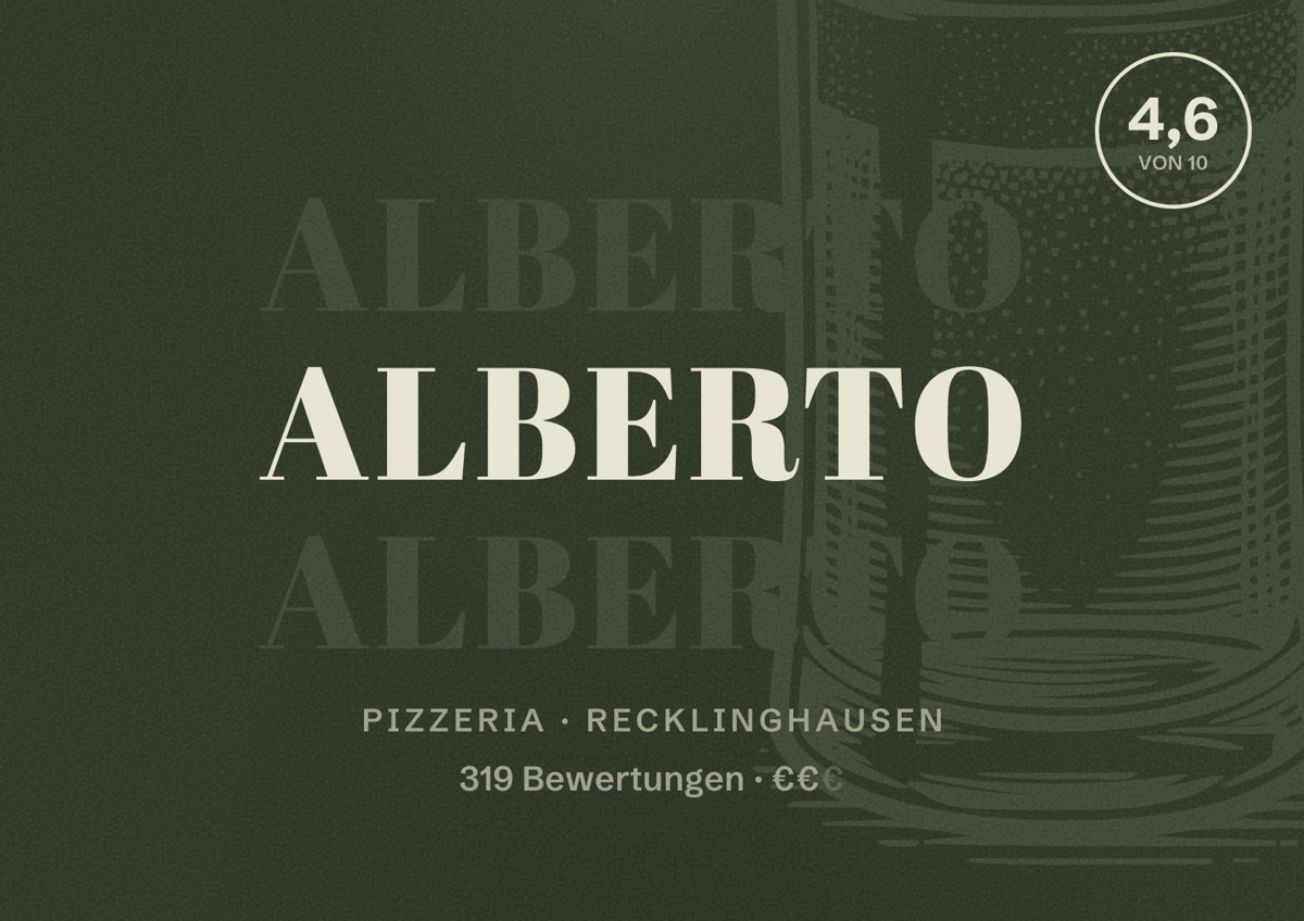 Illustriertes Poster von Alberto, Pizzeria in Recklinghausen: Bewertung 4,6 von 10 aus 319 Bewertungen, Preisniveau €€