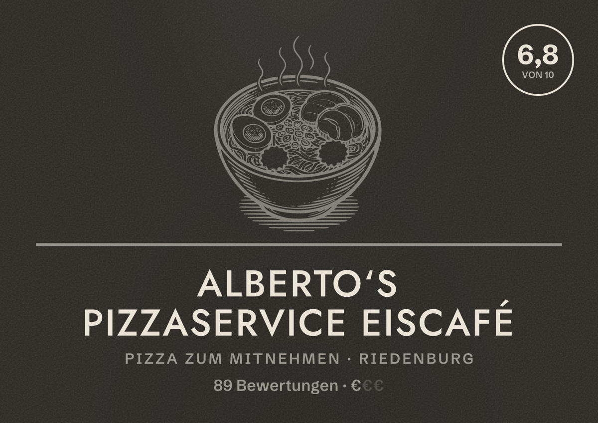 Illustriertes Poster von Alberto‘s Pizzaservice Eiscafé, Pizza zum Mitnehmen in Riedenburg: Bewertung 6,8 von 10 aus 89 Bewertungen, Preisniveau €