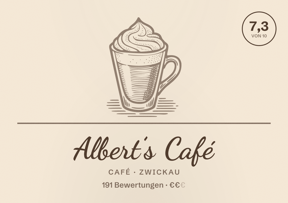 Illustriertes Poster von Albert’s Café, Café in Zwickau: Bewertung 7,3 von 10 aus 191 Bewertungen, Preisniveau €€